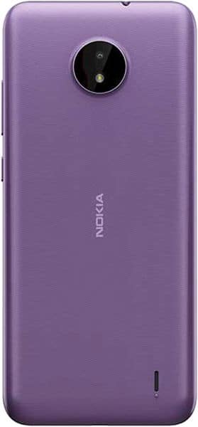 Nokia C10 rear view, purple finish with circular camera lens and Nokia branding