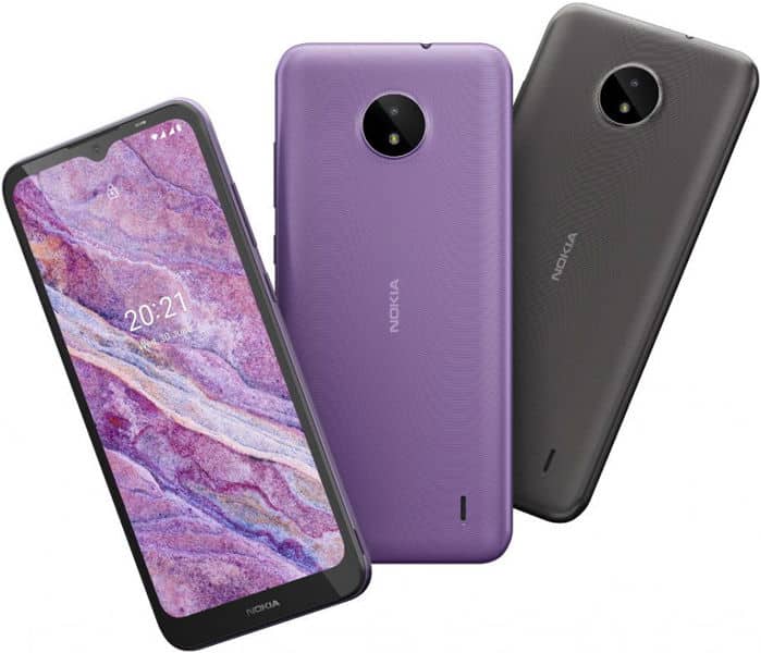 Nokia C10 in purple and charcoal, shown from front and rear angles with colorful wallpaper display