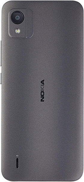 Nokia C110 rear view, charcoal gray, showing single camera lens and Nokia branding on back panel