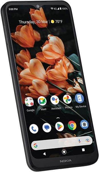 Nokia C110 front view with orange flowers on screen, showing home screen with Google apps and widgets