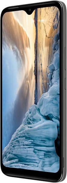 Nokia C12 smartphone, front view, displaying landscape photo of snowy mountains and frozen water on screen