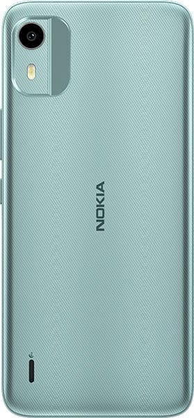 Nokia C12 rear view, light green textured back with camera and flash in upper left corner