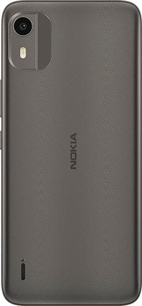 Nokia C12 rear view, showing gray textured back panel with single camera and flash in upper left corner