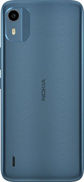 Nokia C12 rear view, blue finish, showing single camera and Nokia branding on textured back panel