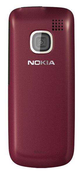 Nokia C2-00 rear view, burgundy phone with camera lens and speaker grille