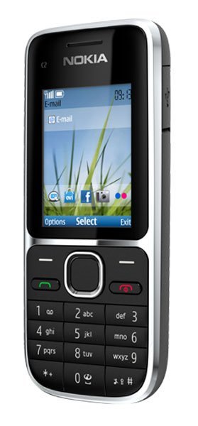 Front view of black Nokia C2-01 with small color display, physical keypad, and central navigation button.