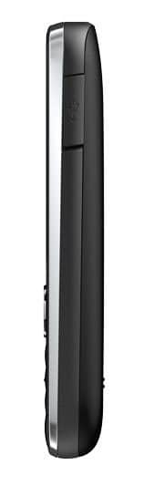 Side view of a black Nokia C2-01 remote control with a slim, rounded back and a visible side button.