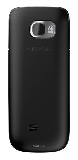 Rear view of Nokia C2-01 shows camera with "3.2 pixel" label, central Nokia logo, and speaker grille near the bottom.
