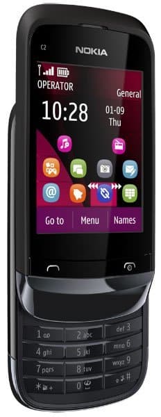 Nokia C2-02 phone, front view, displaying home screen with time 10:28 and colorful app icons on dark background
