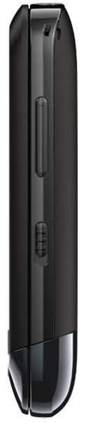 Nokia C2-02 phone, side view, showing black clamshell design with textured grip and navigation buttons