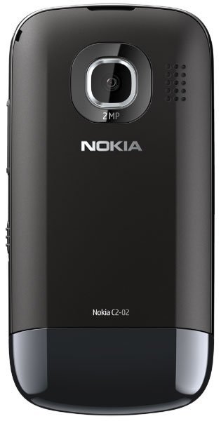 Nokia C2-02 rear view, black phone with 2-megapixel camera, speaker grille, and silver accent band