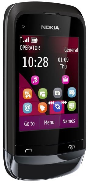 Nokia C2-02 phone front view, displaying colorful app icons and time 10:28 on screen