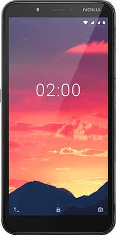 Nokia C2 front view displaying a sunset landscape wallpaper with time 02:00 on screen
