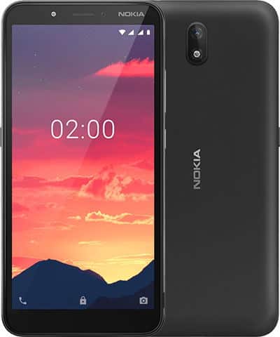 Nokia C2 front view, black smartphone displaying sunset landscape with time 02:00 on screen