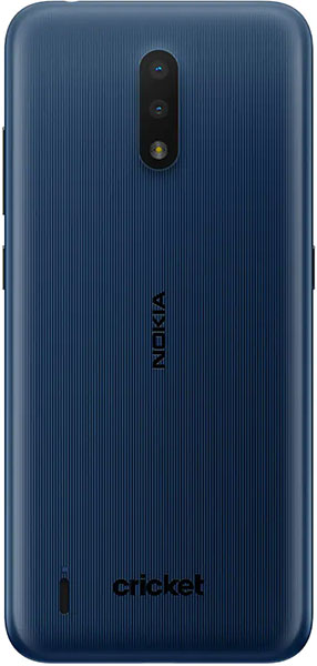 Nokia C2 Tava rear view, blue finish with vertically lined texture, dual camera lens, and Cricket branding