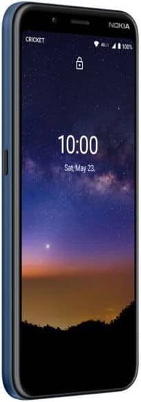 Nokia C2 Tava phone shown from the front, displaying a lock screen with starry night sky and horizon at sunset, showing 10:00 and Saturday May 23