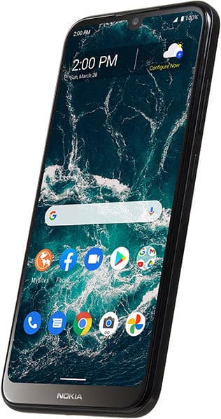 Nokia C200 front view, showing home screen with time, weather widget, and app icons on display