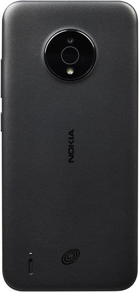Nokia C200 rear view, black phone with circular camera lens and speaker grille
