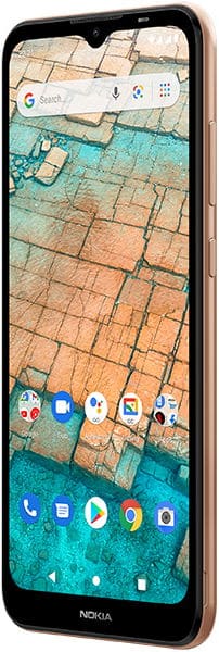 Nokia C20 front view, displaying map interface on screen with app icons at bottom