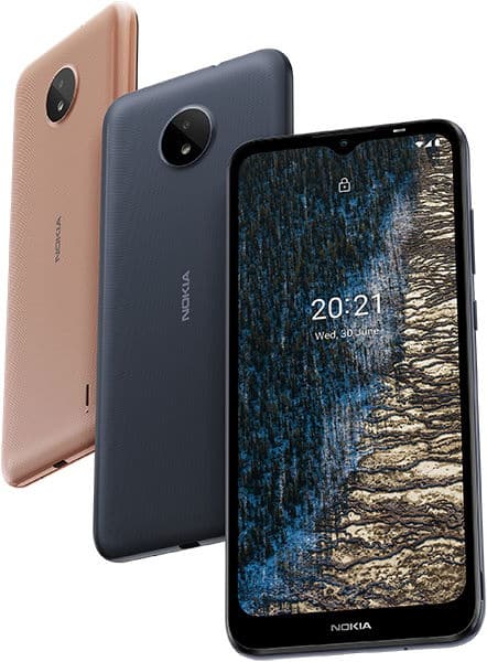 Nokia C20 phones in rose and dark blue, shown from front and rear angles with screen displaying time 20:21