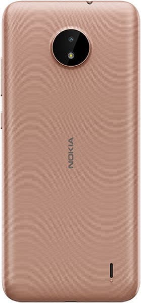 Nokia C20 rear view, sand color, showing circular camera lens and textured back panel