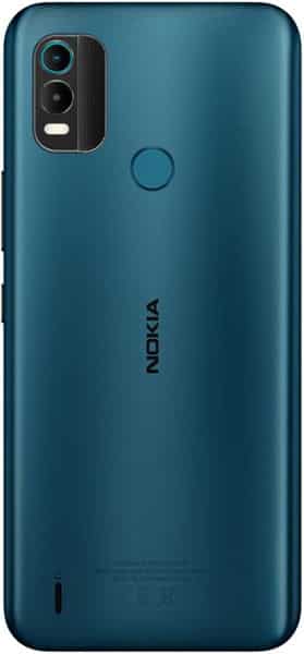 Nokia C21 Plus rear view, teal blue back with dual camera and fingerprint sensor