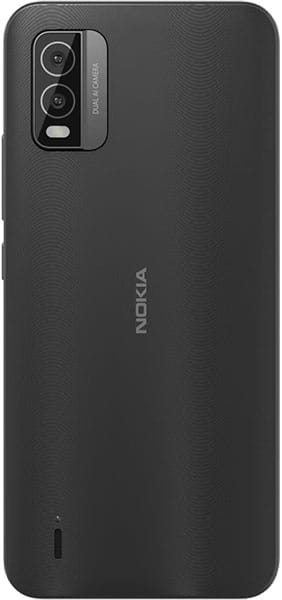 Nokia C210 rear view showing black textured back with dual camera setup in upper left corner and Nokia branding on lower center