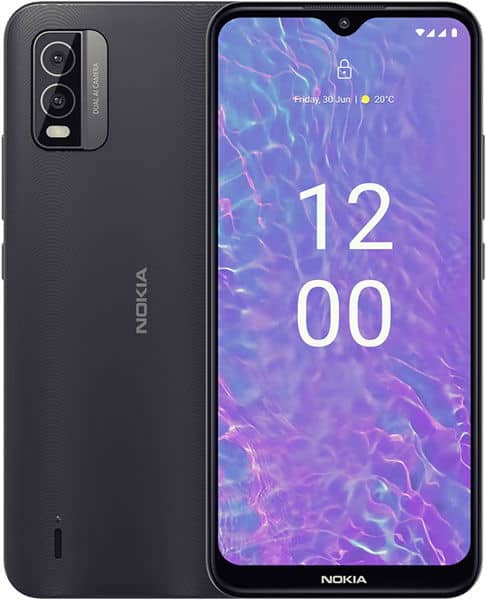 Nokia C210 front and rear view, displaying purple-toned lock screen with time 12:00 and dual rear camera setup on dark charcoal body