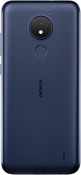 Nokia C21 rear view, dark blue phone with circular camera and fingerprint sensor