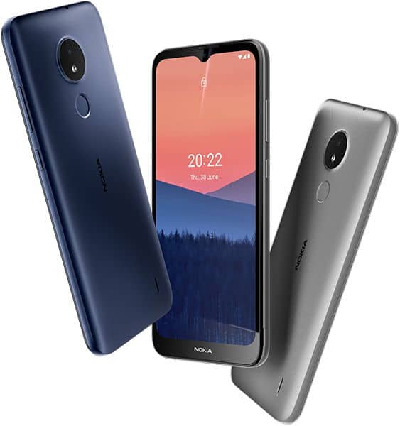 Nokia C21 smartphone shown from front and rear angles in blue and gray, with time displayed on screen