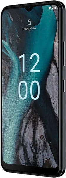 Nokia C22 front view displaying lock screen with time 12:00 and landscape wallpaper on display