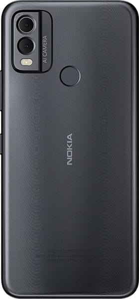 Nokia C22 rear view, dark gray, dual camera with flash and fingerprint sensor below