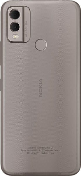 Nokia C22 rear view showing dual camera setup and fingerprint sensor on gray back panel