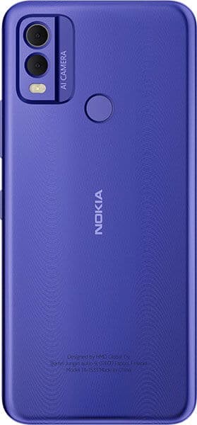 Nokia C22 rear view, blue, with dual-lens camera and fingerprint sensor