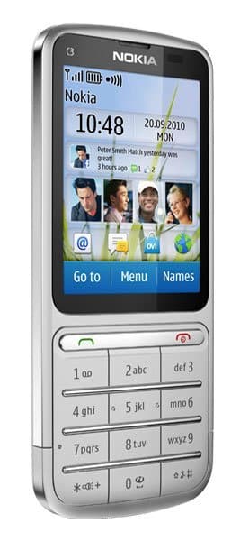 Nokia C3-01 phone, front view, displaying home screen with time 10:48, contact photos, and physical QWERTY keyboard below screen