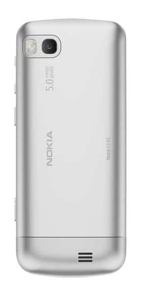 Nokia C3-01 rear view, silver with dual camera, speaker grille and branding visible