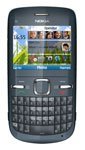 Front view of black Nokia C3 shows QWERTY keyboard, small display with app icons, contacts, and navigation buttons below screen.