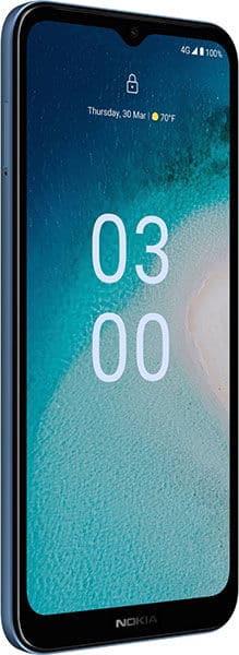 Nokia C300 smartphone shown from front angle, displaying lock screen with time and date, featuring turquoise gradient wallpaper and waterdrop notch display