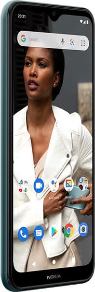 Nokia C30 front view, displaying home screen with Google Search bar and app icons, held at an angle showing the device's teal-green frame and notched display