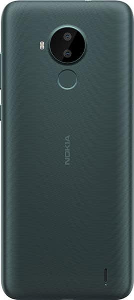 Nokia C30 rear view showing dual camera lens, fingerprint sensor, and teal textured back panel
