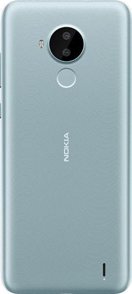 Nokia C30 rear view, light blue, showing dual camera lens and fingerprint sensor