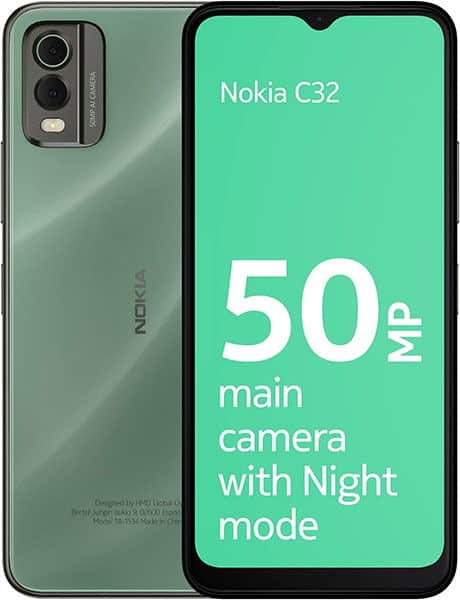 Nokia C32 front and rear view in green, displaying 50MP main camera with Night mode on screen