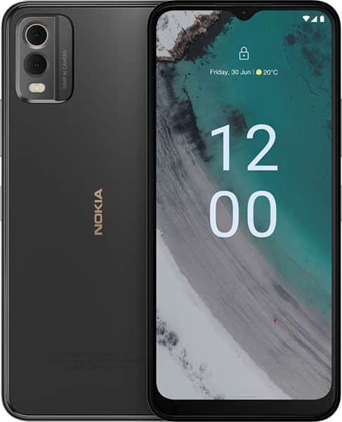 Nokia C32 front view, black smartphone with dual rear cameras and lock screen displaying 12:00