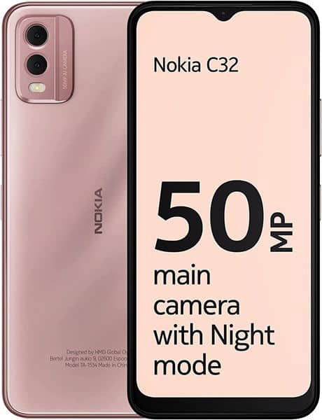Nokia C32 front and rear view, pink, showing 50MP main camera with Night mode on display screen