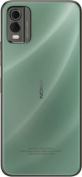 Nokia C32 rear view, mint green back with dual camera module and Nokia branding