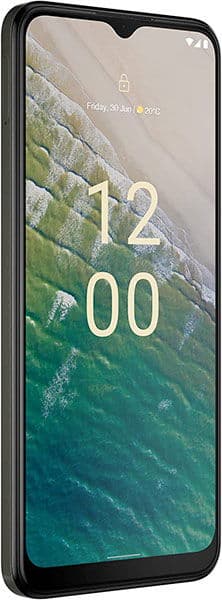 Nokia C32 front view with lock screen displaying time and date, forest landscape wallpaper visible