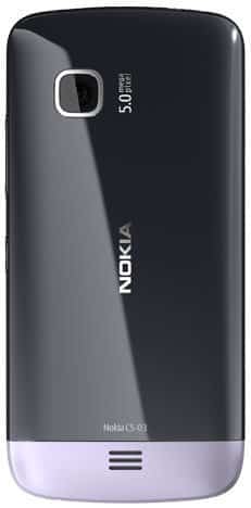 Nokia C5-03 rear view, black and silver candybar phone with camera and speaker grille visible