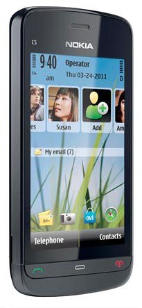 Nokia C5-04 smartphone displayed from front, showing home screen with contacts and apps