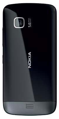 Nokia C5-04 rear view, showing black glossy back with camera lens and "NOKIA" branding visible on the device body