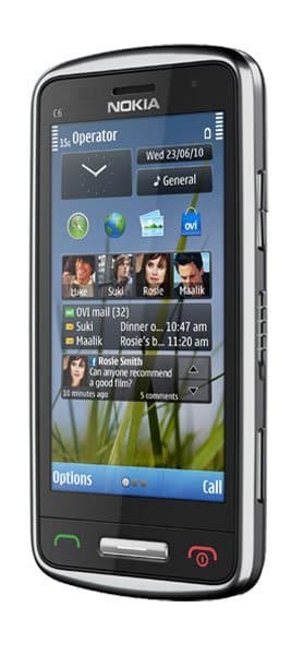 Front view of Nokia C6-01 showing touchscreen home screen and three physical buttons below (green, white, and red).